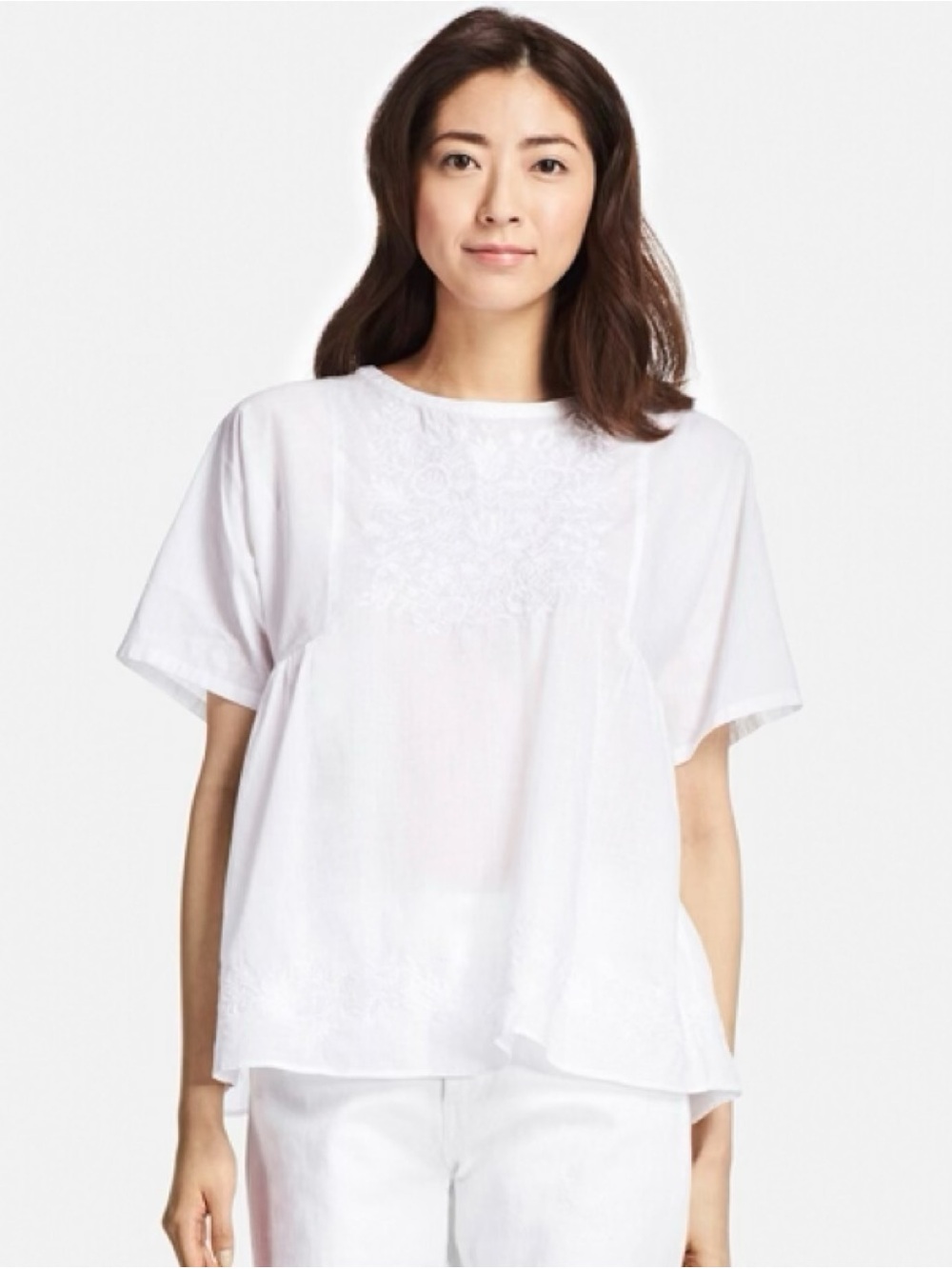 Uniqlo White Cotton Embroidered Summer Short Sleeve Relaxed Fit Blouse Sz Medium